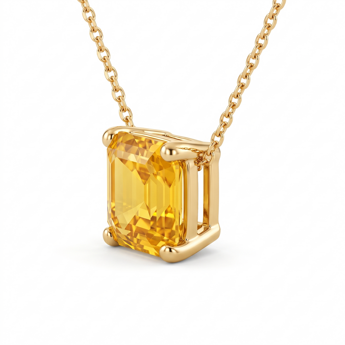 Asscher-Cut Yellow Sapphire Solitaire Necklace in Solid Gold three-quarter setting profile on white background