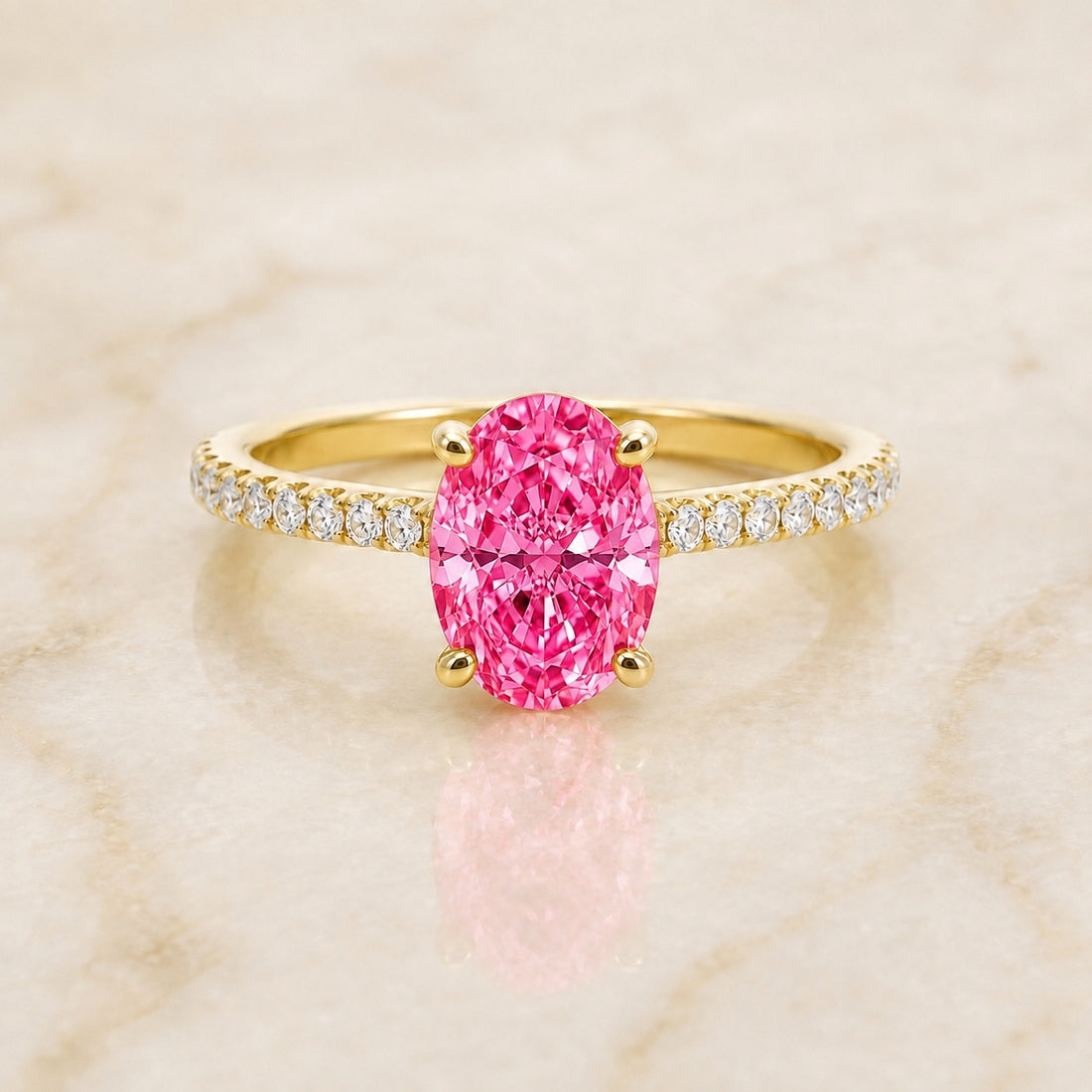 Aurelia oval pink lab-grown diamond pavé engagement ring in yellow gold