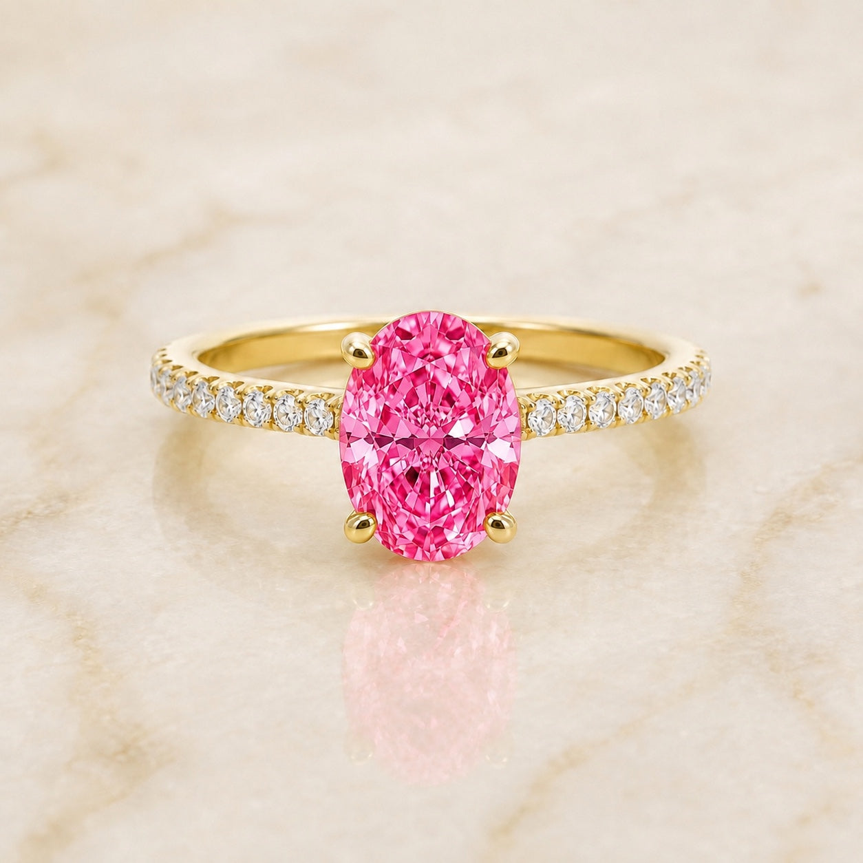 Aurelia oval pink lab-grown diamond pavé engagement ring in yellow gold