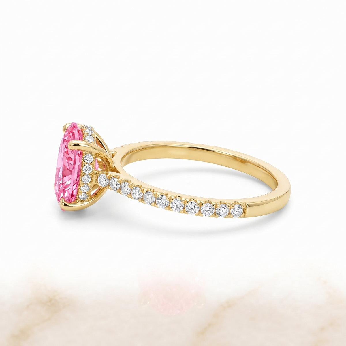 Aurelia oval pink lab-grown diamond pavé engagement ring side catalog view on white background