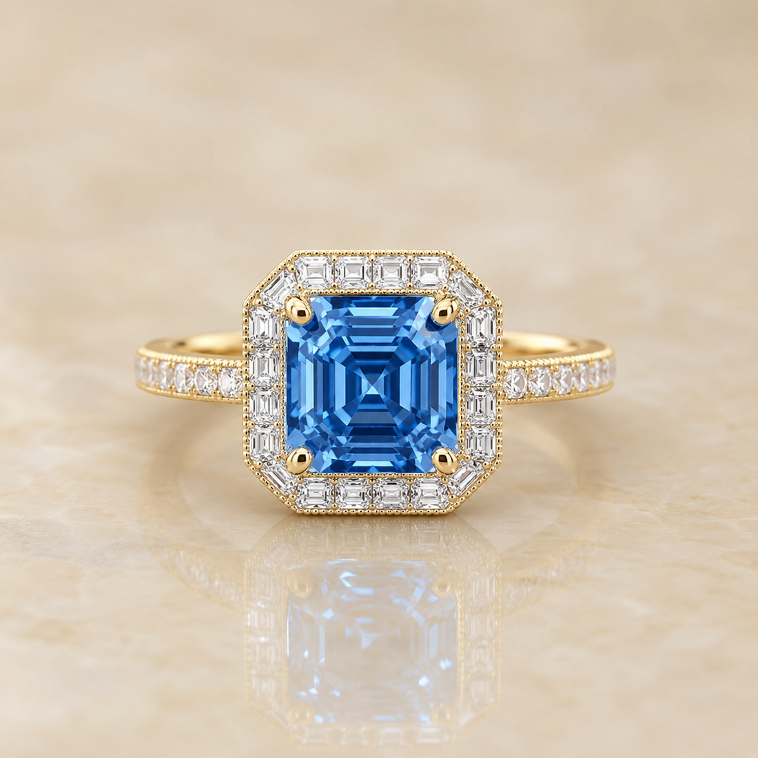 Blue Asscher-cut lab-grown diamond Art Deco halo engagement ring in 14K yellow gold