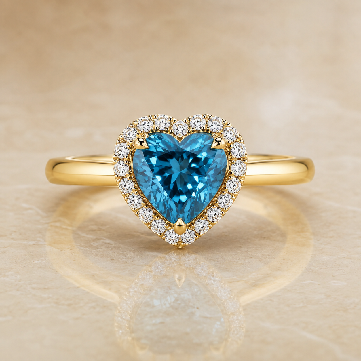 Blue heart-shaped lab-grown diamond halo engagement ring in 14K yellow gold