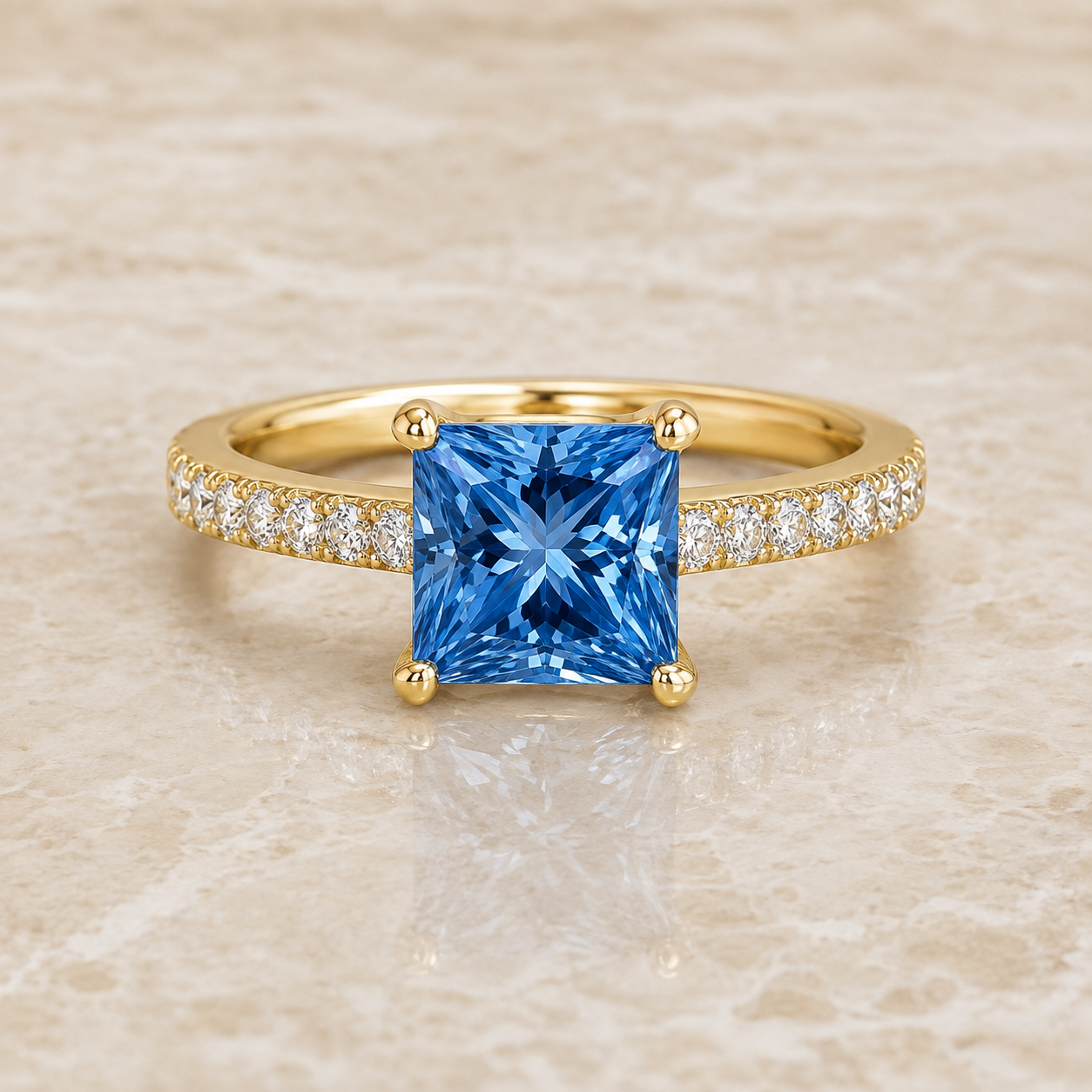 Blue princess-cut lab-grown diamond channel-set engagement ring in 14K yellow gold