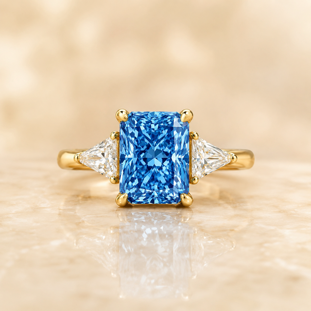 Blue radiant-cut lab-grown diamond three-stone engagement ring in 14K yellow gold
