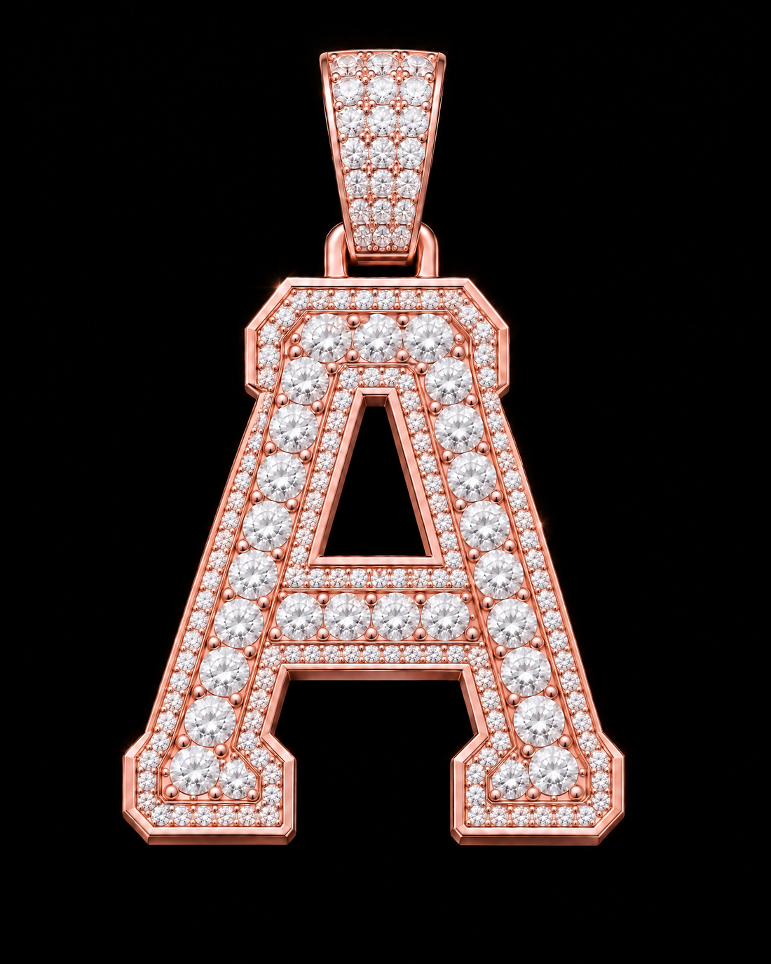 AI design render: letter A in rose gold with round brilliant lab-grown diamond centers, borders and bail.