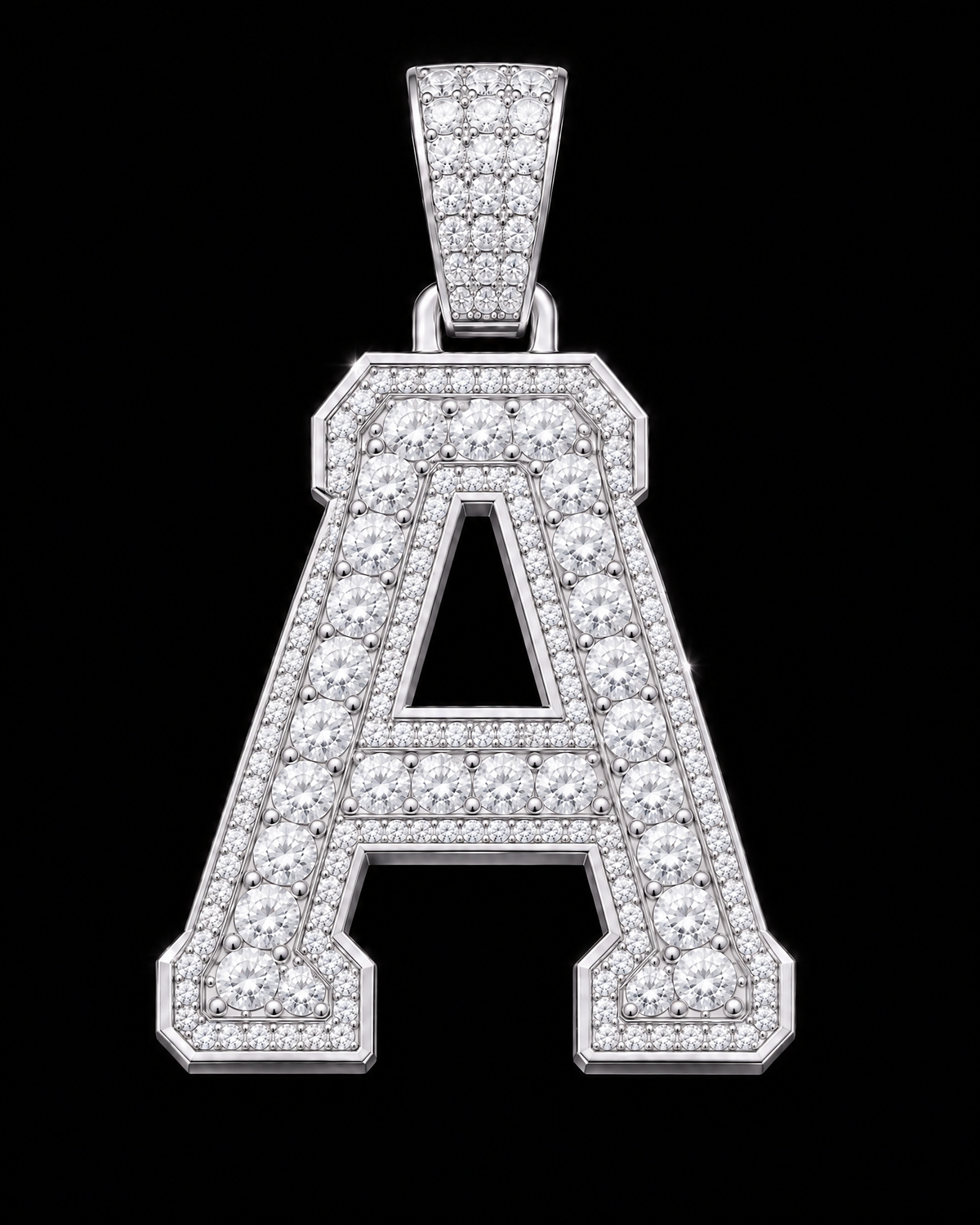 AI design render: letter A in white gold with round brilliant lab-grown diamond centers, borders and bail.