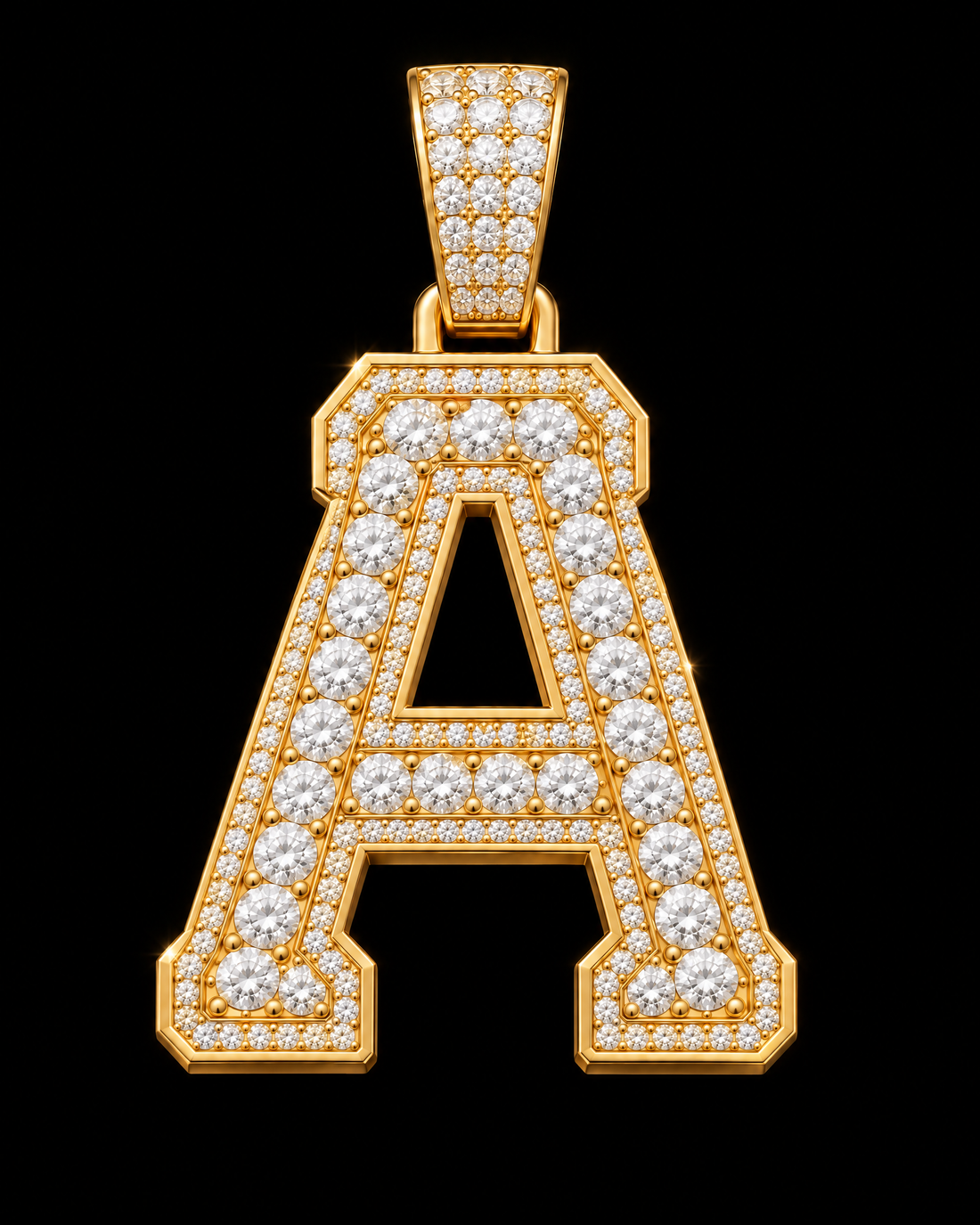 AI design render: letter A in yellow gold with round brilliant lab-grown diamond centers, borders and bail.