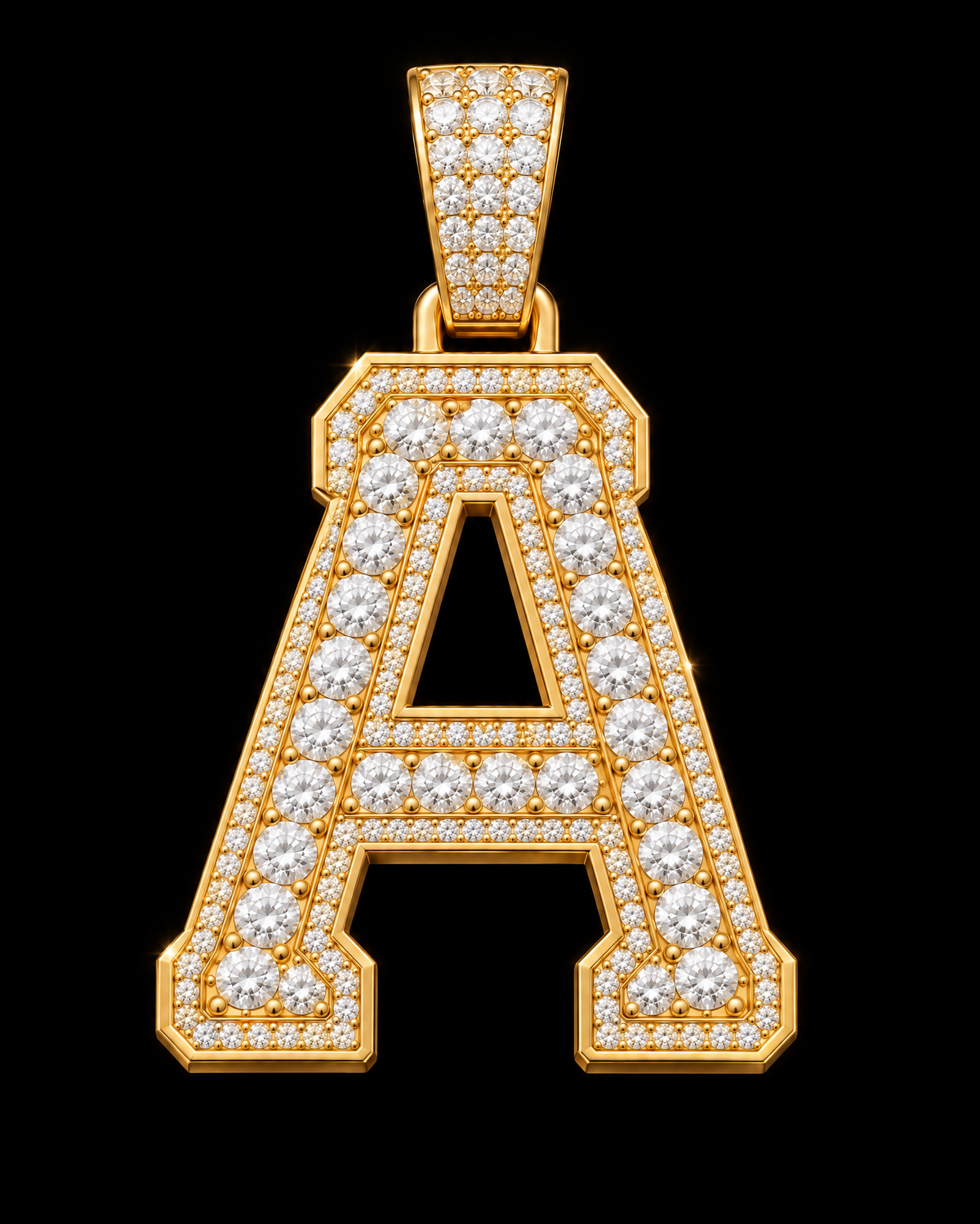 AI design render: letter A in yellow gold with round brilliant lab-grown diamond centers, borders and bail.