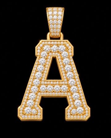 AI design render: letter A in yellow gold with round brilliant lab-grown diamond centers, borders and bail.