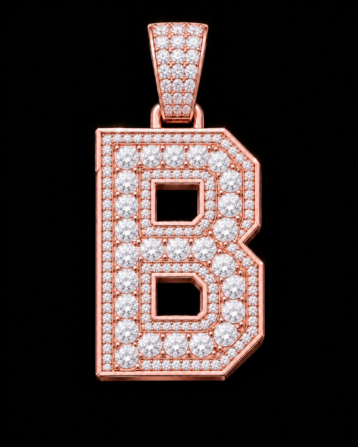 AI design render: letter B in rose gold with round brilliant lab-grown diamond centers, borders and bail.