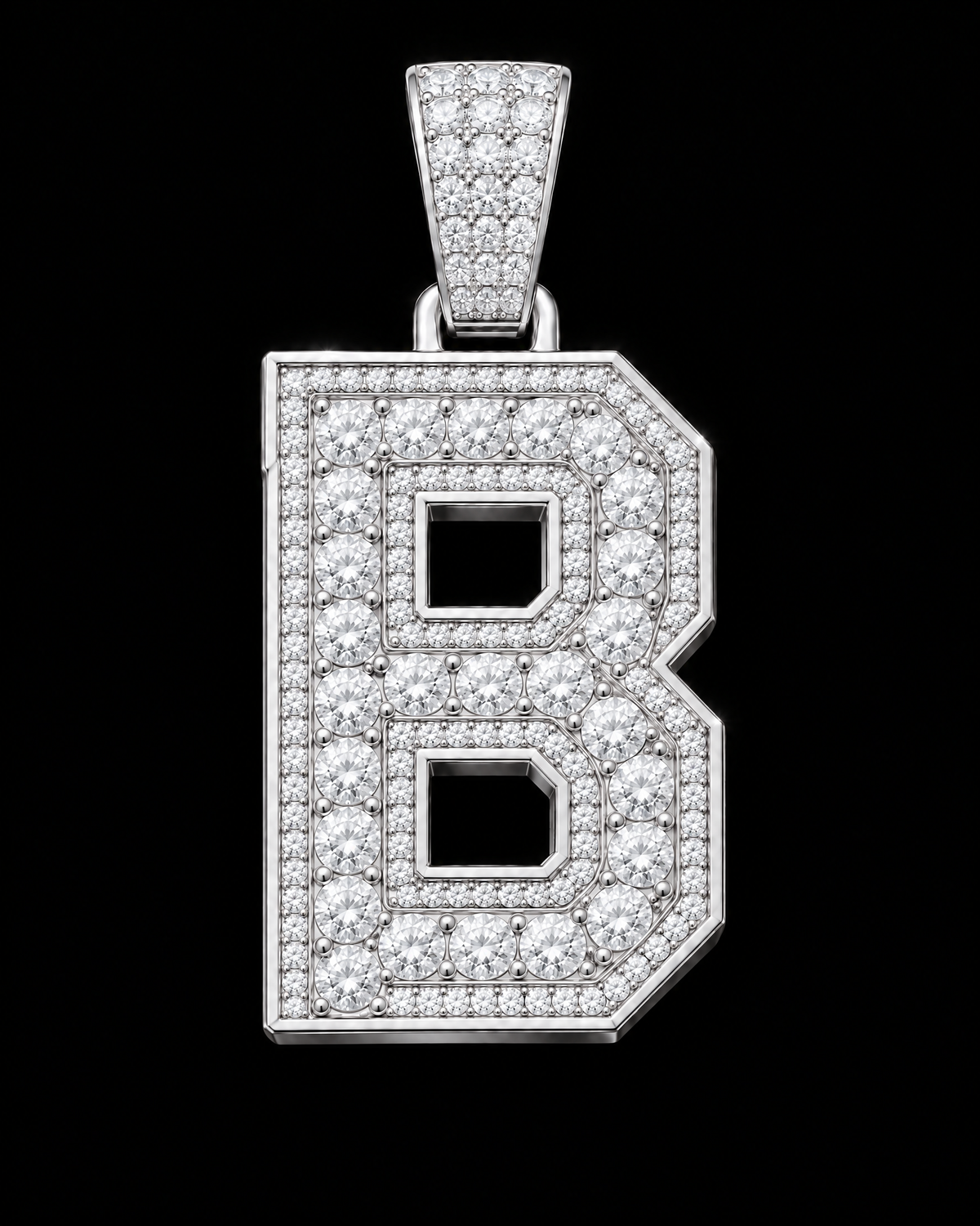 AI design render: letter B in white gold with round brilliant lab-grown diamond centers, borders and bail.