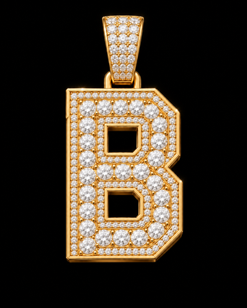 AI design render: letter B in yellow gold with round brilliant lab-grown diamond centers, borders and bail.