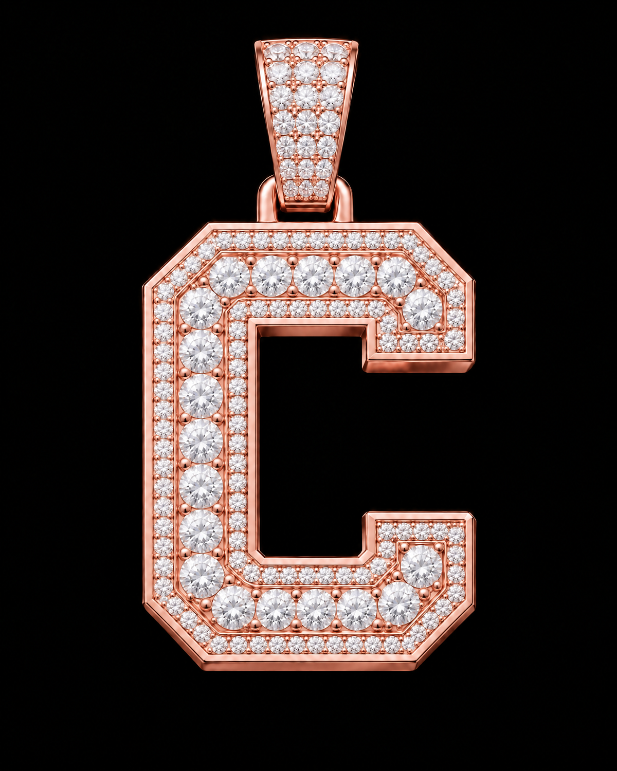 AI design render: letter C in rose gold with round brilliant lab-grown diamond centers, borders and bail.
