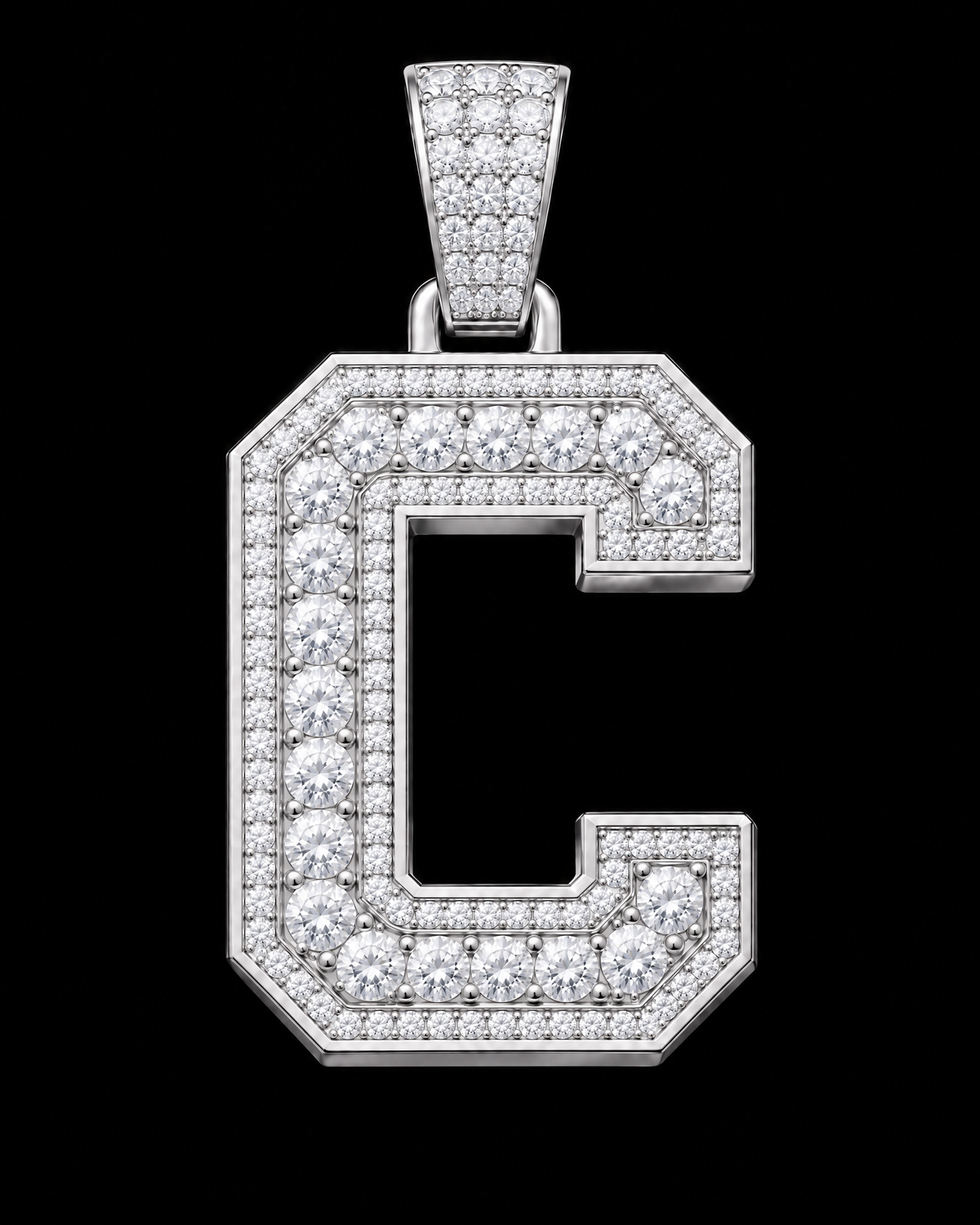 AI design render: letter C in white gold with round brilliant lab-grown diamond centers, borders and bail.