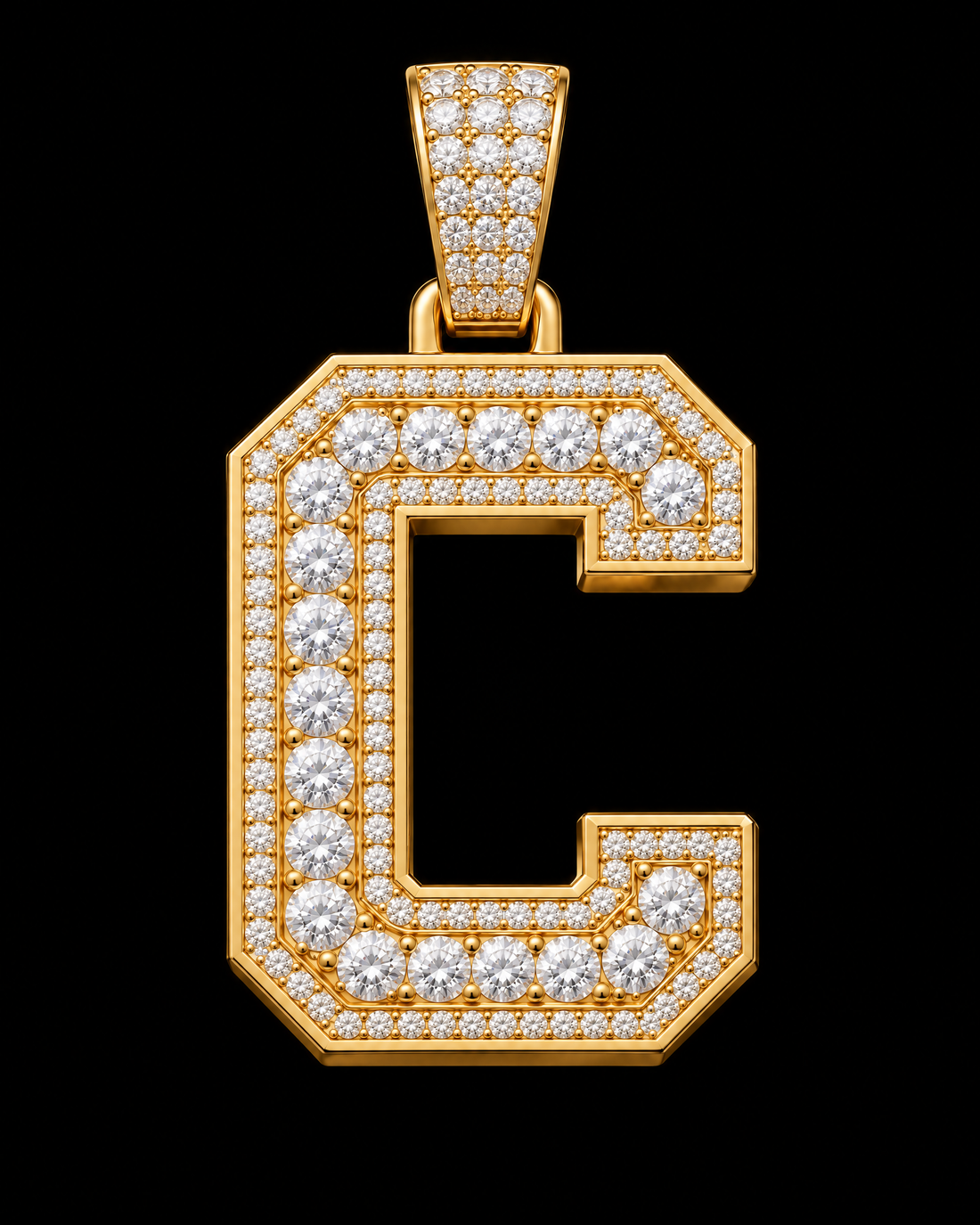 AI design render: letter C in yellow gold with round brilliant lab-grown diamond centers, borders and bail.