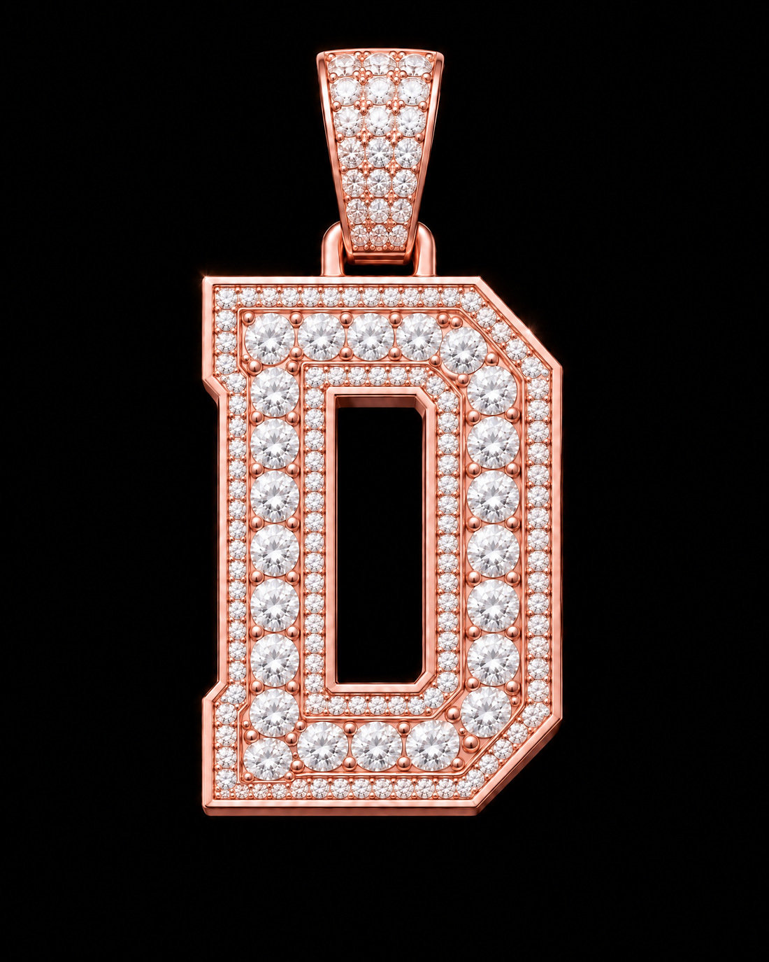 AI design render: letter D in rose gold with round brilliant lab-grown diamond centers, borders and bail.