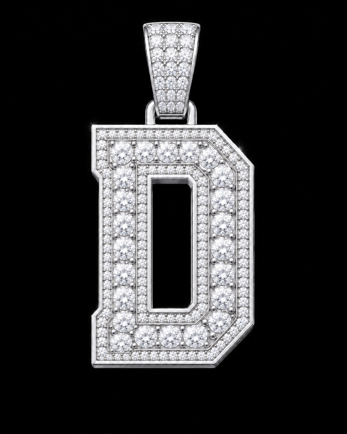 AI design render: letter D in white gold with round brilliant lab-grown diamond centers, borders and bail.
