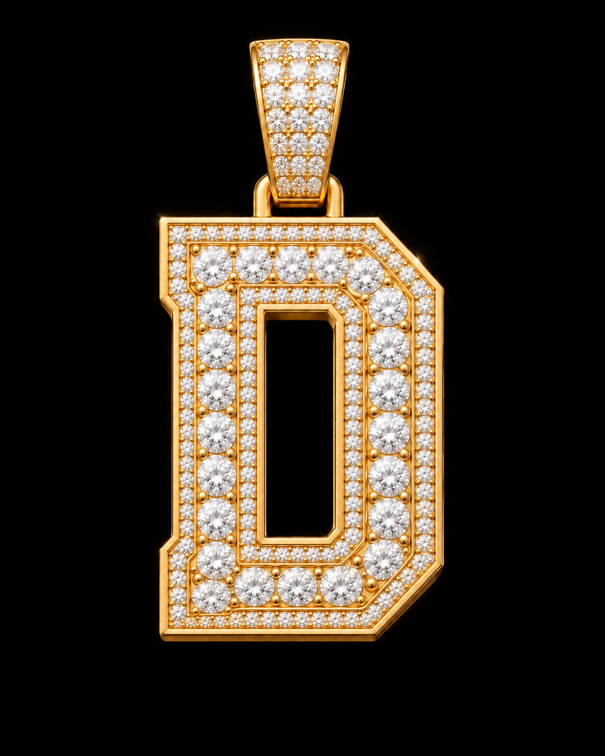 AI design render: letter D in yellow gold with round brilliant lab-grown diamond centers, borders and bail.