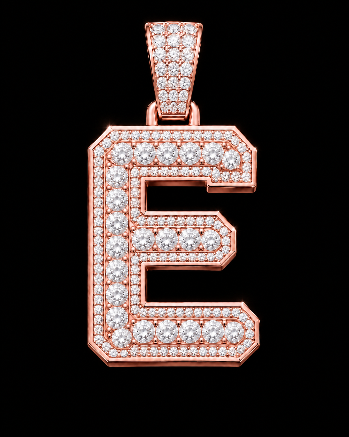 AI design render: letter E in rose gold with round brilliant lab-grown diamond centers, borders and bail.
