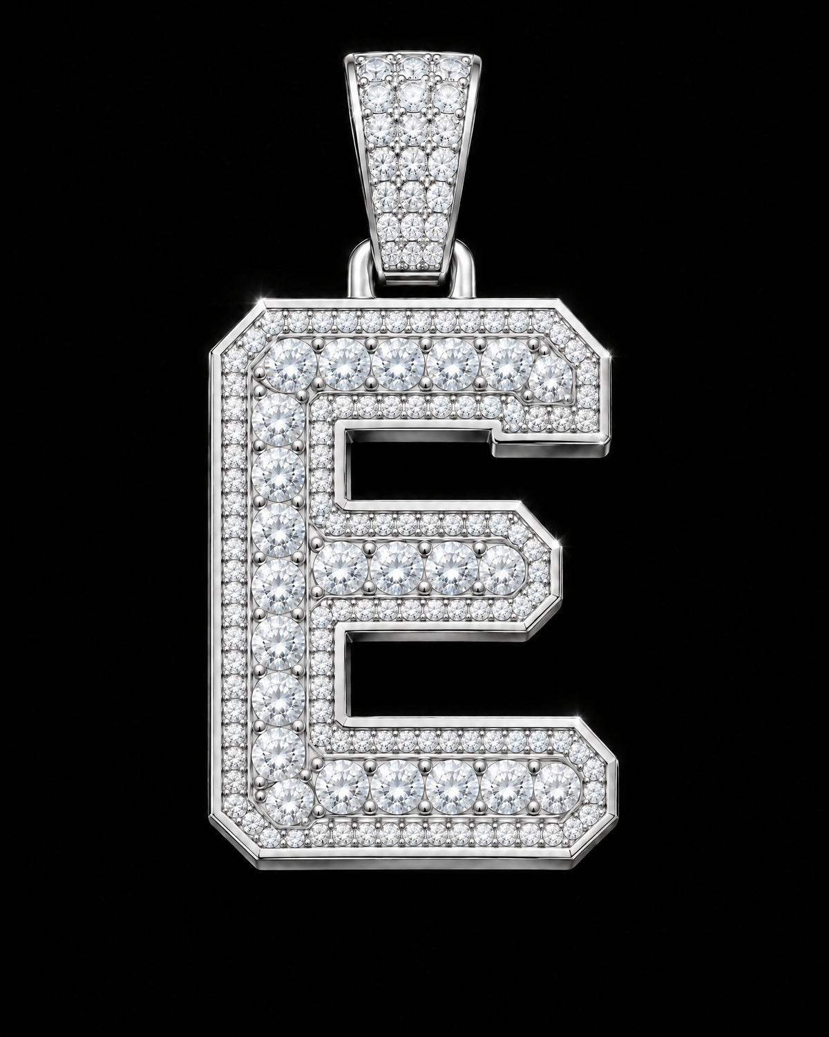AI design render: letter E in white gold with round brilliant lab-grown diamond centers, borders and bail.