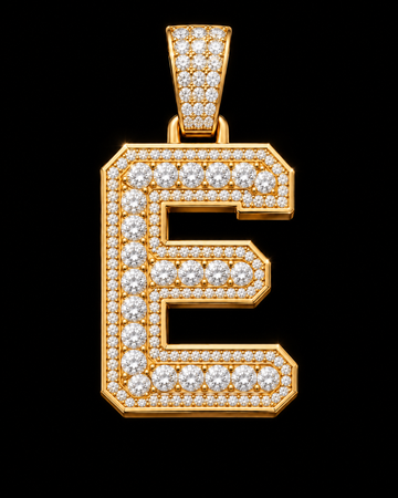 AI design render: letter E in yellow gold with round brilliant lab-grown diamond centers, borders and bail.