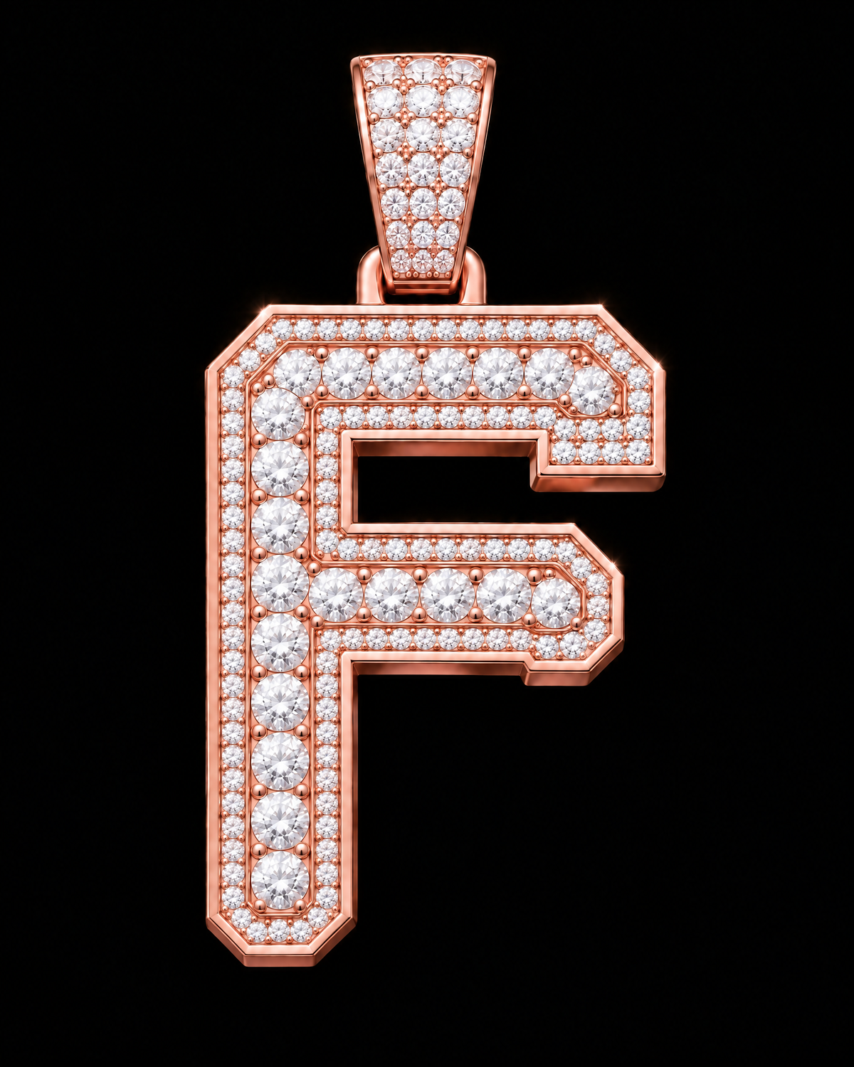 AI design render: letter F in rose gold with round brilliant lab-grown diamond centers, borders and bail.