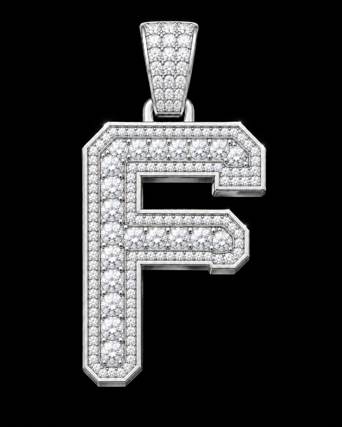 AI design render: letter F in white gold with round brilliant lab-grown diamond centers, borders and bail.