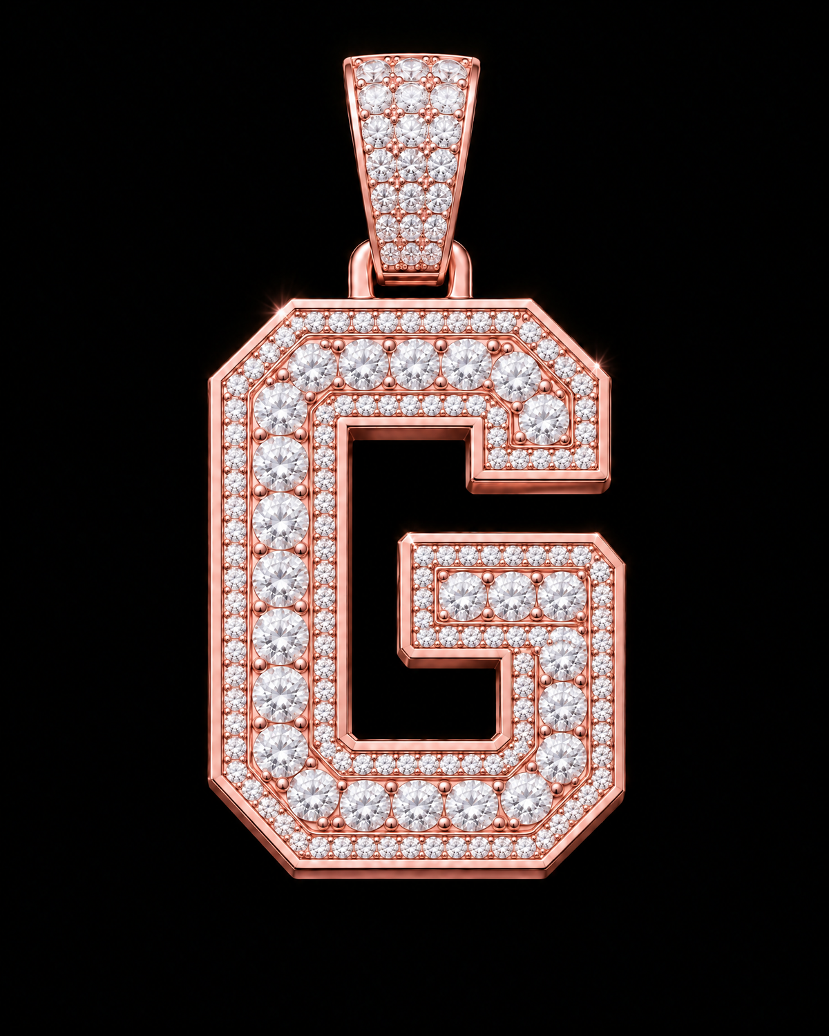 AI design render: letter G in rose gold with round brilliant lab-grown diamond centers, borders and bail.