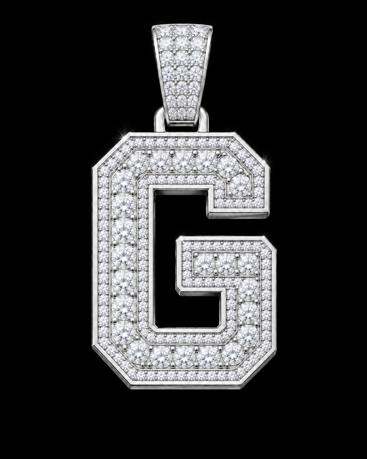 AI design render: letter G in white gold with round brilliant lab-grown diamond centers, borders and bail.