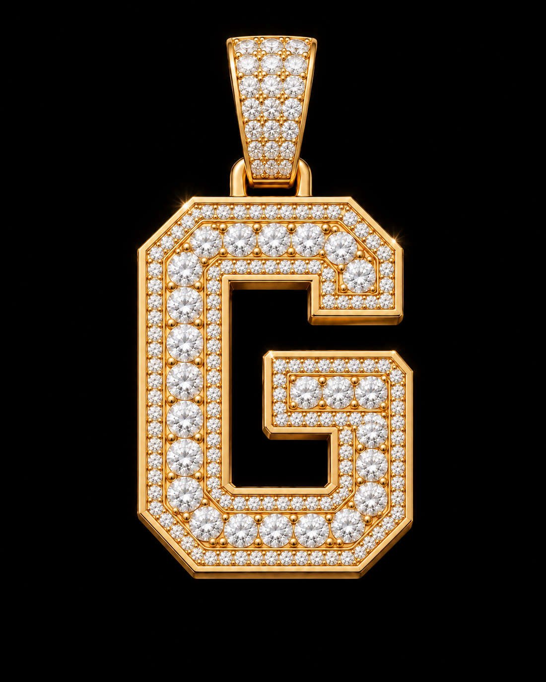 AI design render: letter G in yellow gold with round brilliant lab-grown diamond centers, borders and bail.