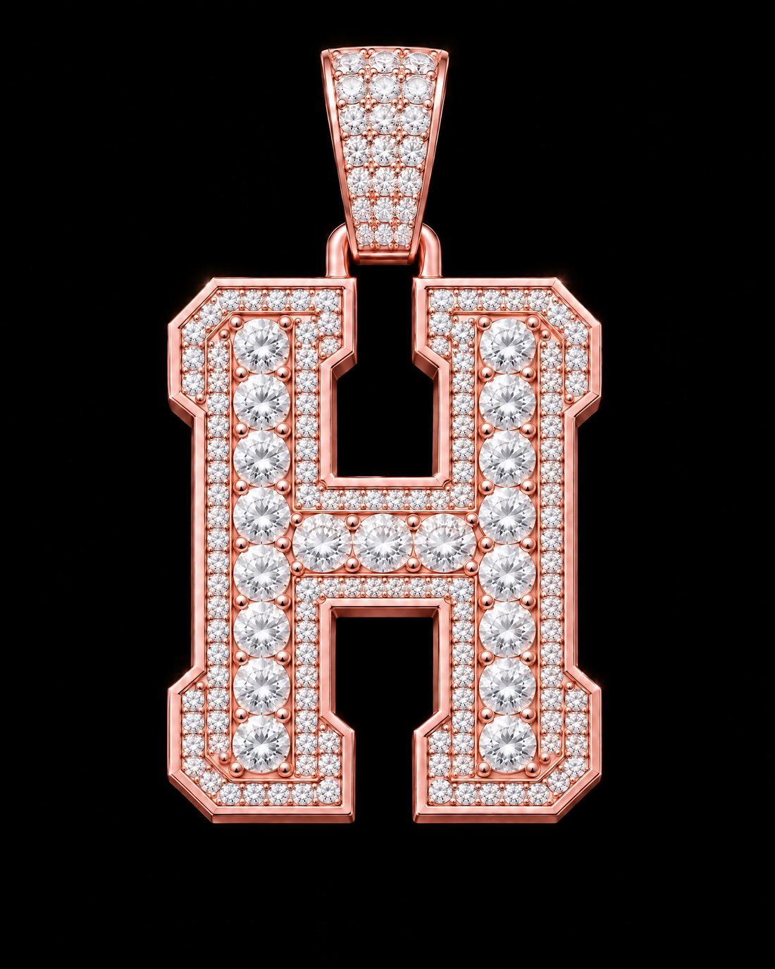 AI design render: letter H in rose gold with round brilliant lab-grown diamond centers, borders and bail.