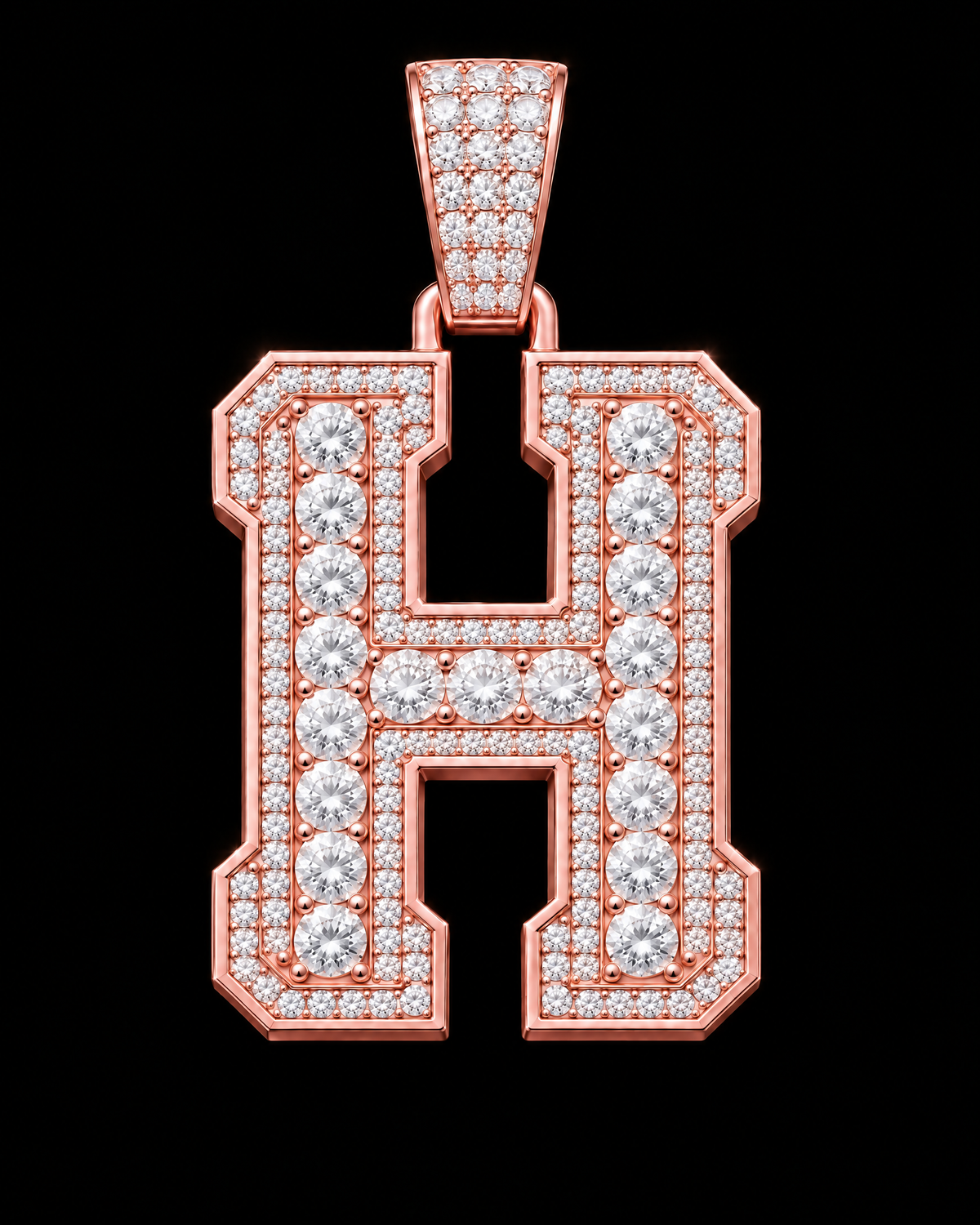 AI design render: letter H in rose gold with round brilliant lab-grown diamond centers, borders and bail.