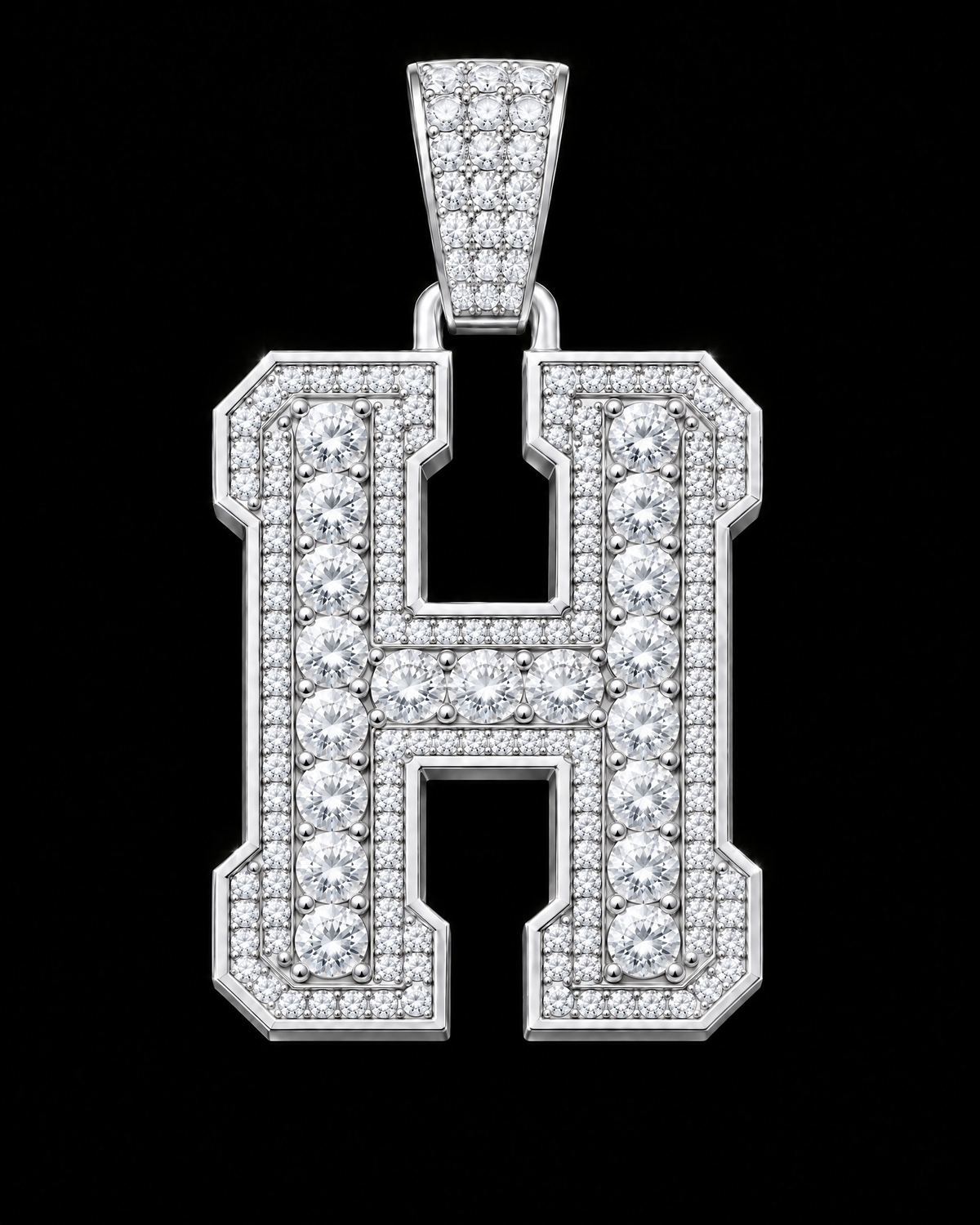 AI design render: letter H in white gold with round brilliant lab-grown diamond centers, borders and bail.