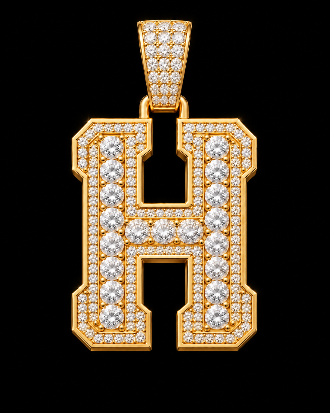 AI design render: letter H in yellow gold with round brilliant lab-grown diamond centers, borders and bail.