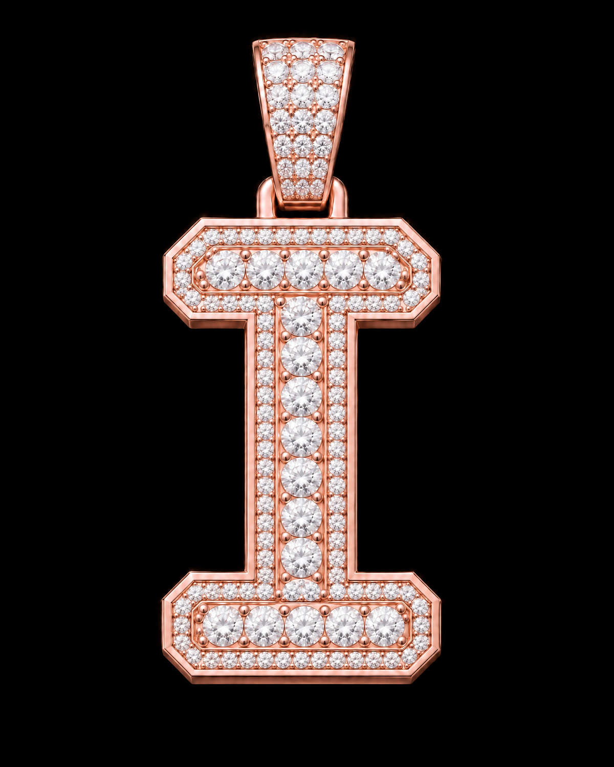 AI design render: letter I in rose gold with round brilliant lab-grown diamond centers, borders and bail.