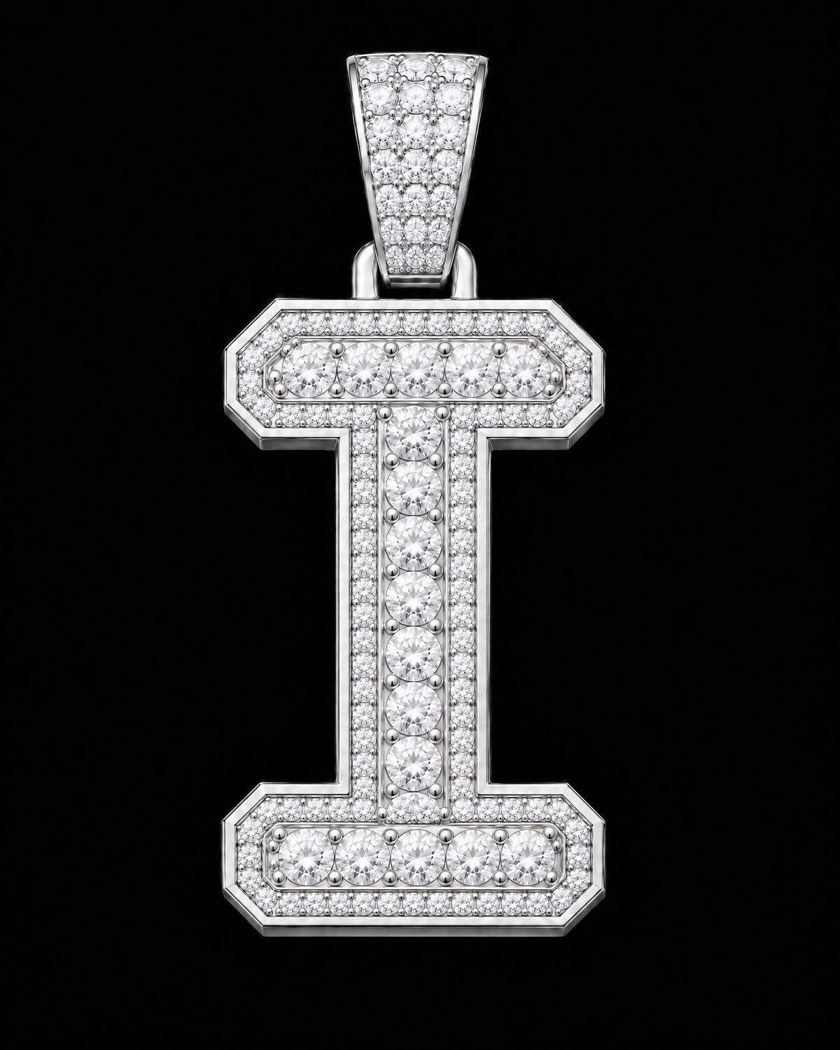 AI design render: letter I in white gold with round brilliant lab-grown diamond centers, borders and bail.