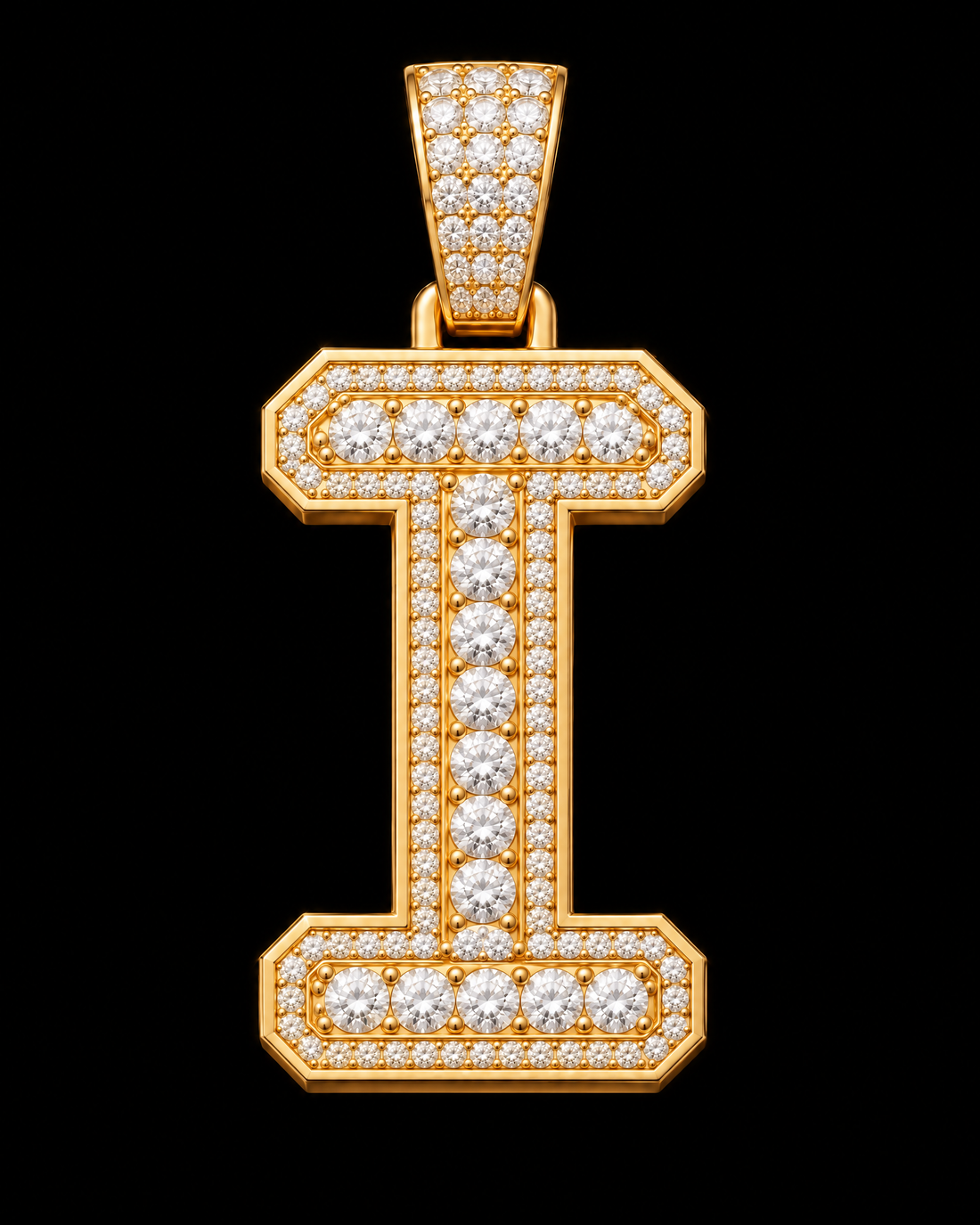 AI design render: letter I in yellow gold with round brilliant lab-grown diamond centers, borders and bail.