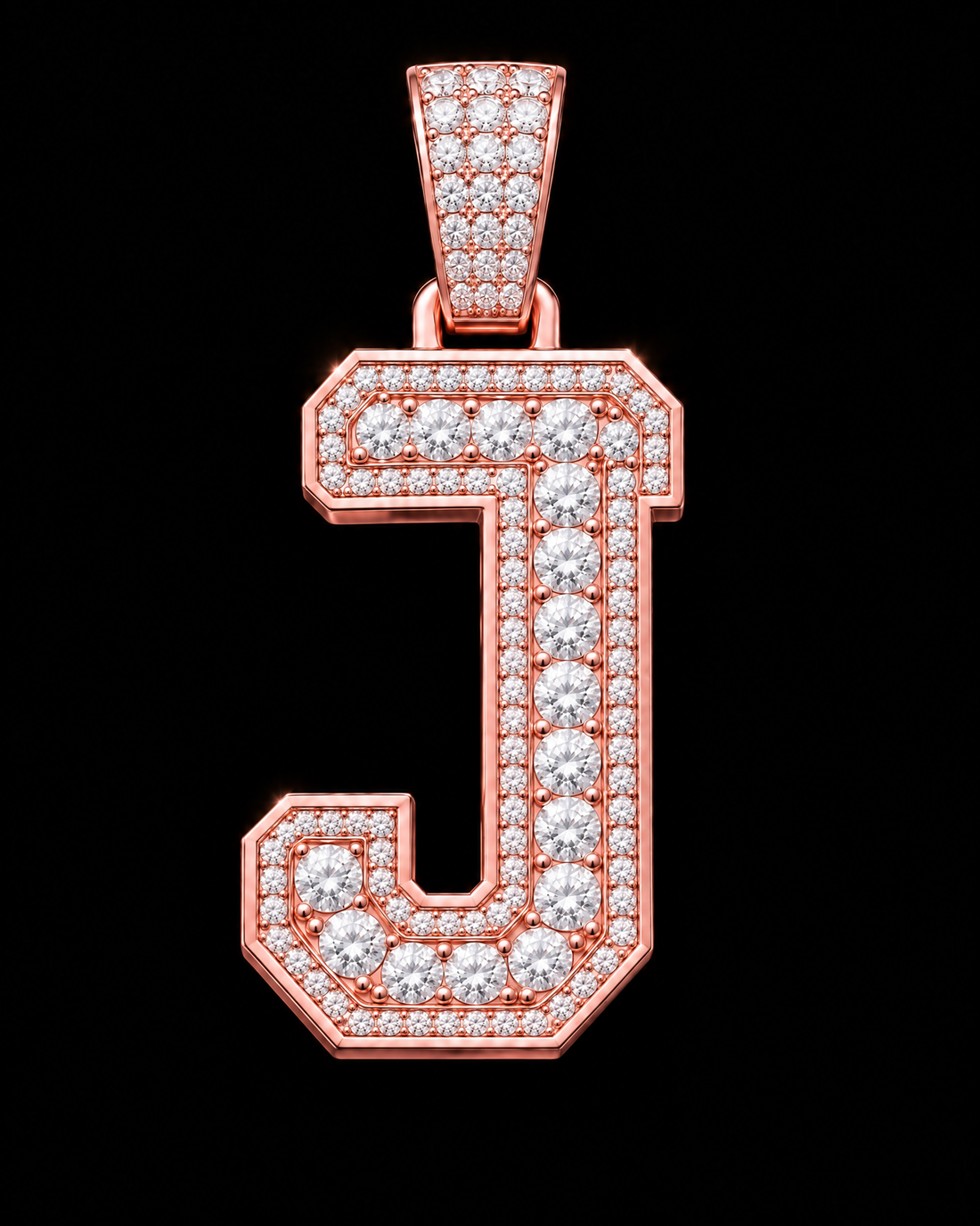 AI design render: letter J in rose gold with round brilliant lab-grown diamond centers, borders and bail.