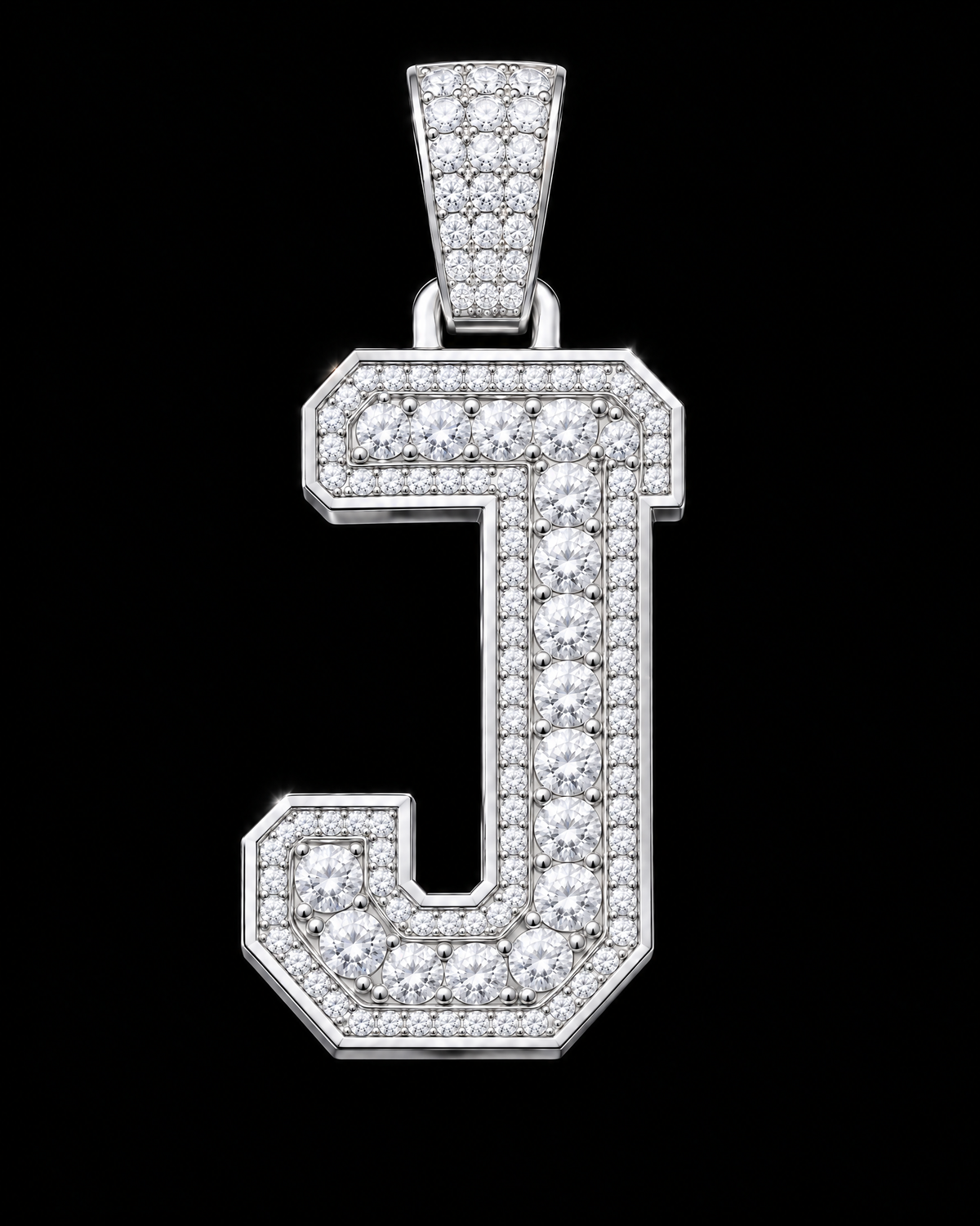 AI design render: letter J in white gold with round brilliant lab-grown diamond centers, borders and bail.
