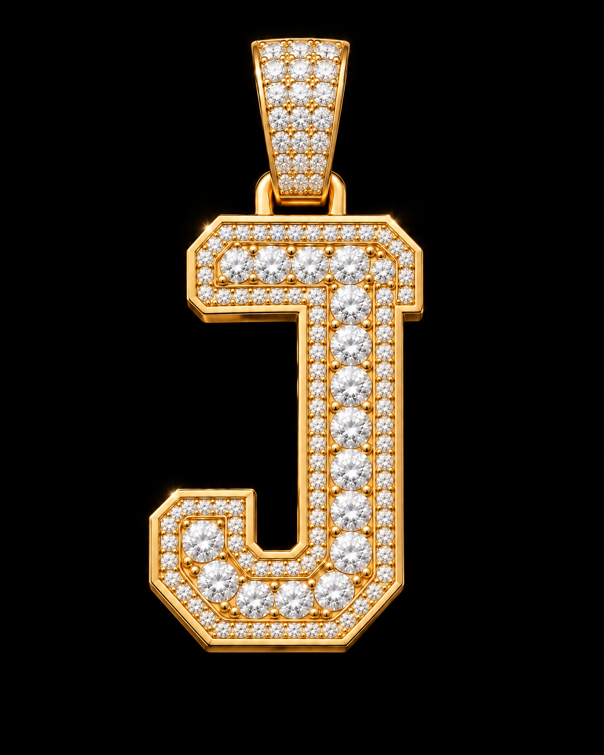 AI design render: letter J in yellow gold with round brilliant lab-grown diamond centers, borders and bail.