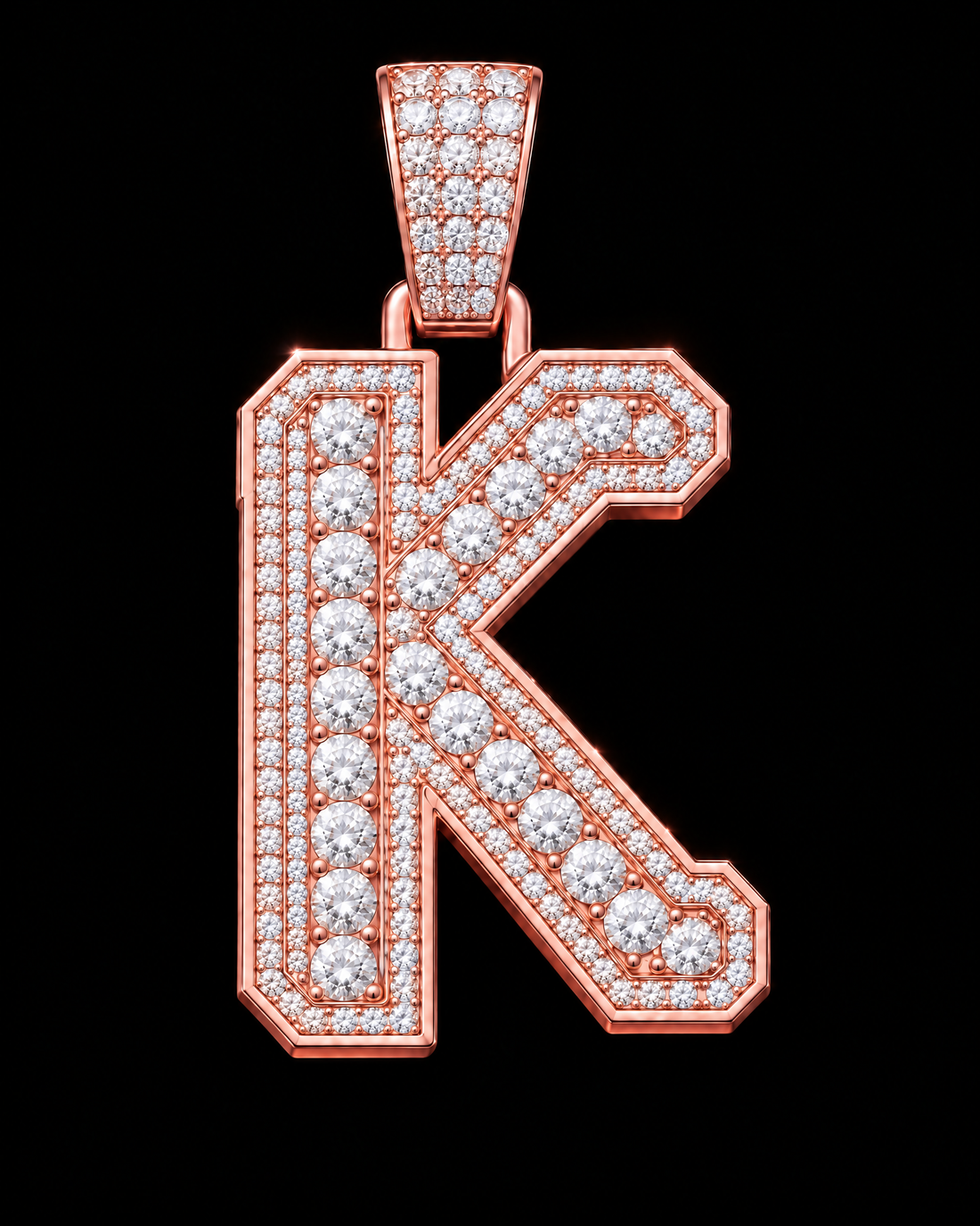 AI design render: letter K in rose gold with round brilliant lab-grown diamond centers, borders and bail.