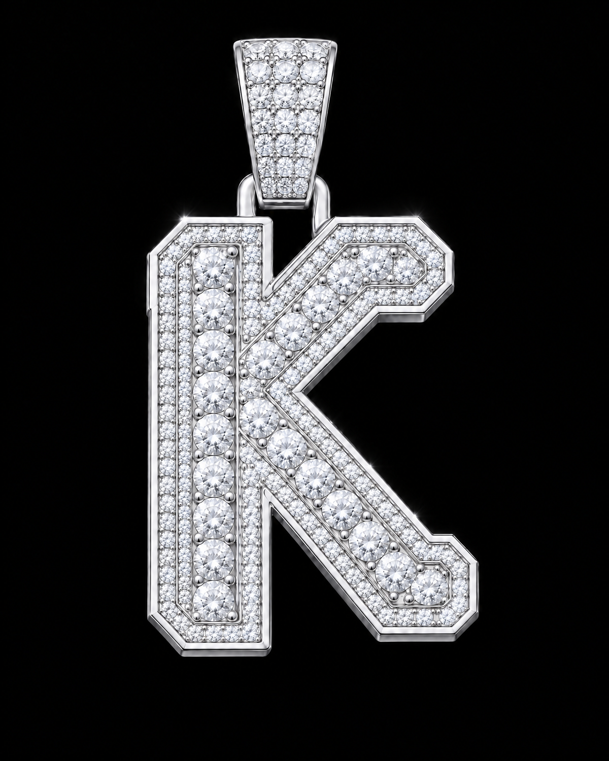 AI design render: letter K in white gold with round brilliant lab-grown diamond centers, borders and bail.
