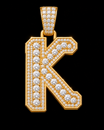 AI design render: letter K in yellow gold with round brilliant lab-grown diamond centers, borders and bail.