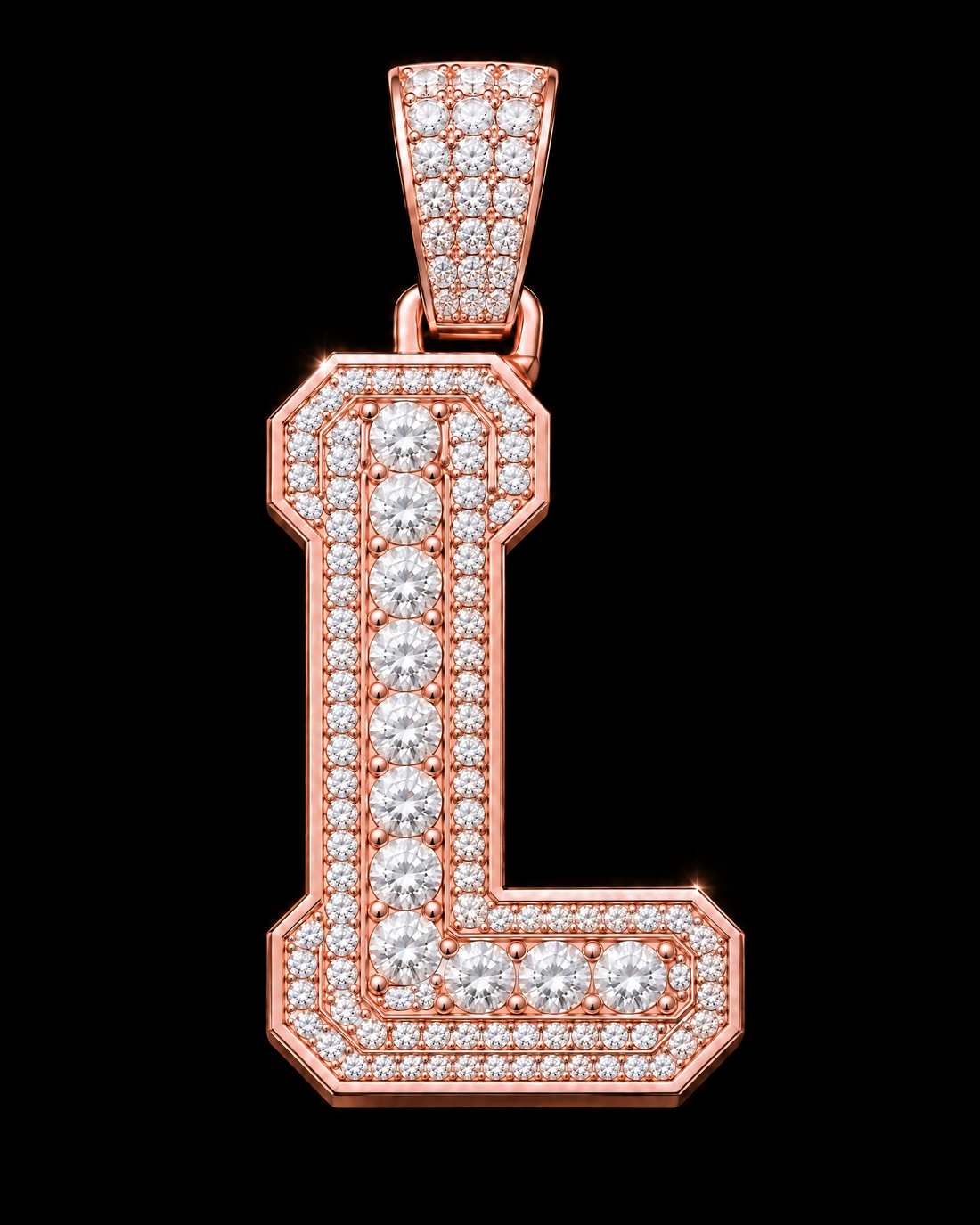 AI design render: letter L in rose gold with round brilliant lab-grown diamond centers, borders and bail.