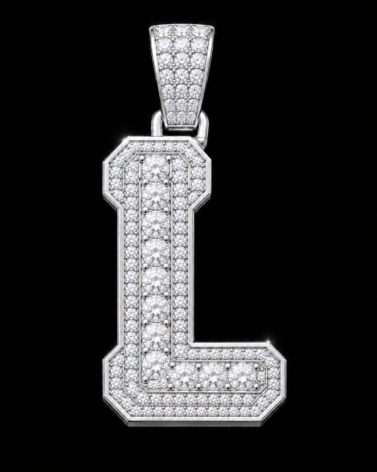 AI design render: letter L in white gold with round brilliant lab-grown diamond centers, borders and bail.