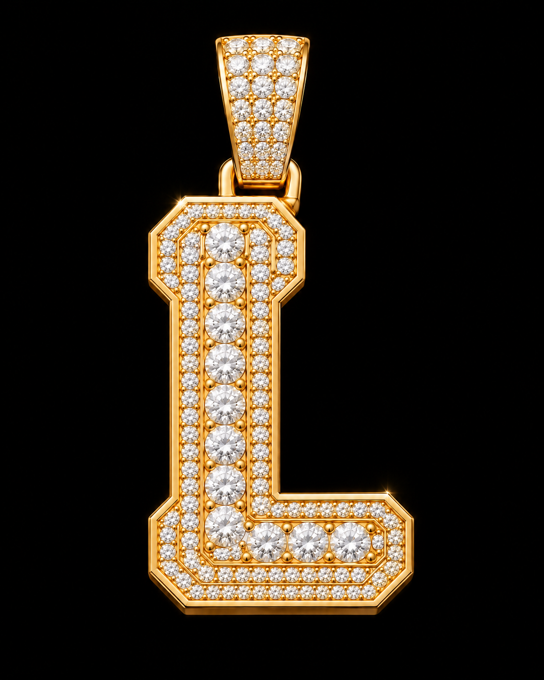 AI design render: letter L in yellow gold with round brilliant lab-grown diamond centers, borders and bail.