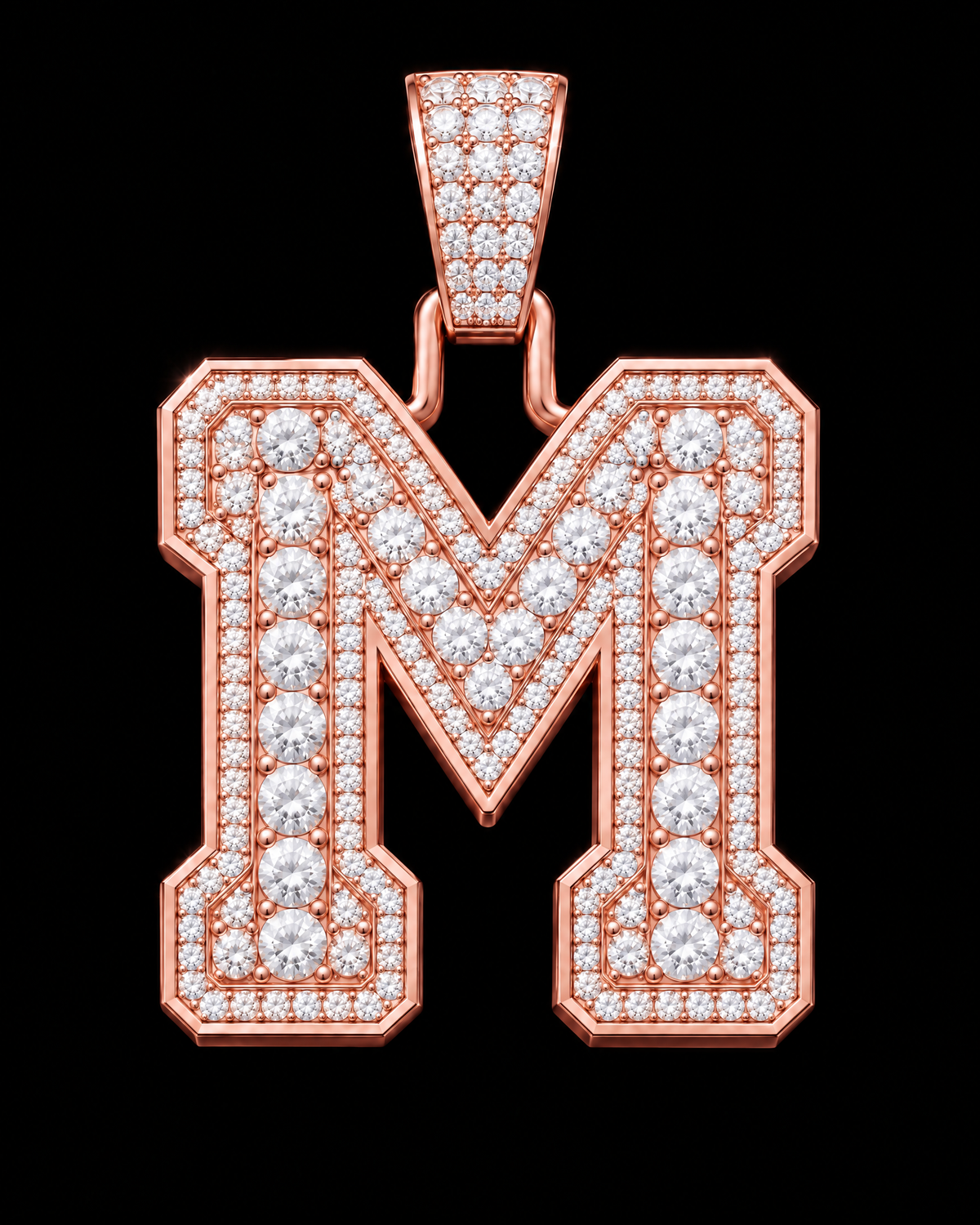 AI design render: letter M in rose gold with round brilliant lab-grown diamond centers, borders and bail.