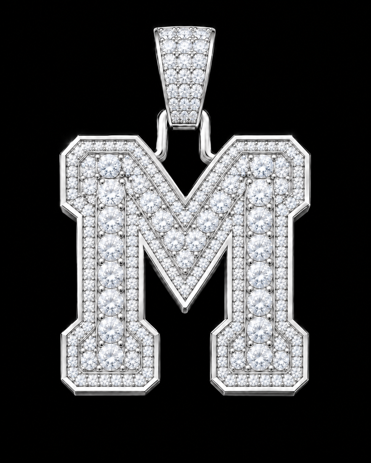 AI design render: letter M in white gold with round brilliant lab-grown diamond centers, borders and bail.