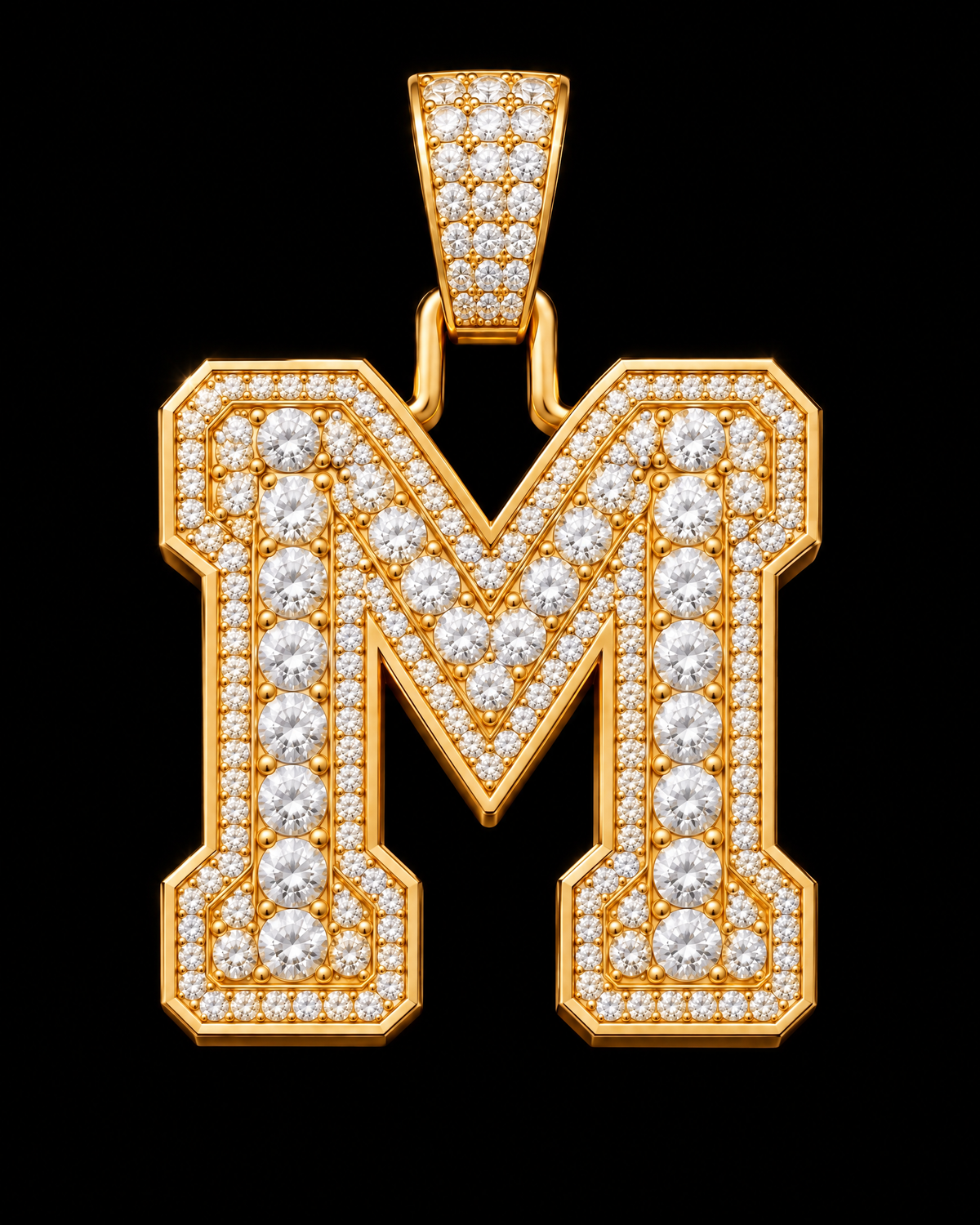 AI design render: letter M in yellow gold with round brilliant lab-grown diamond centers, borders and bail.