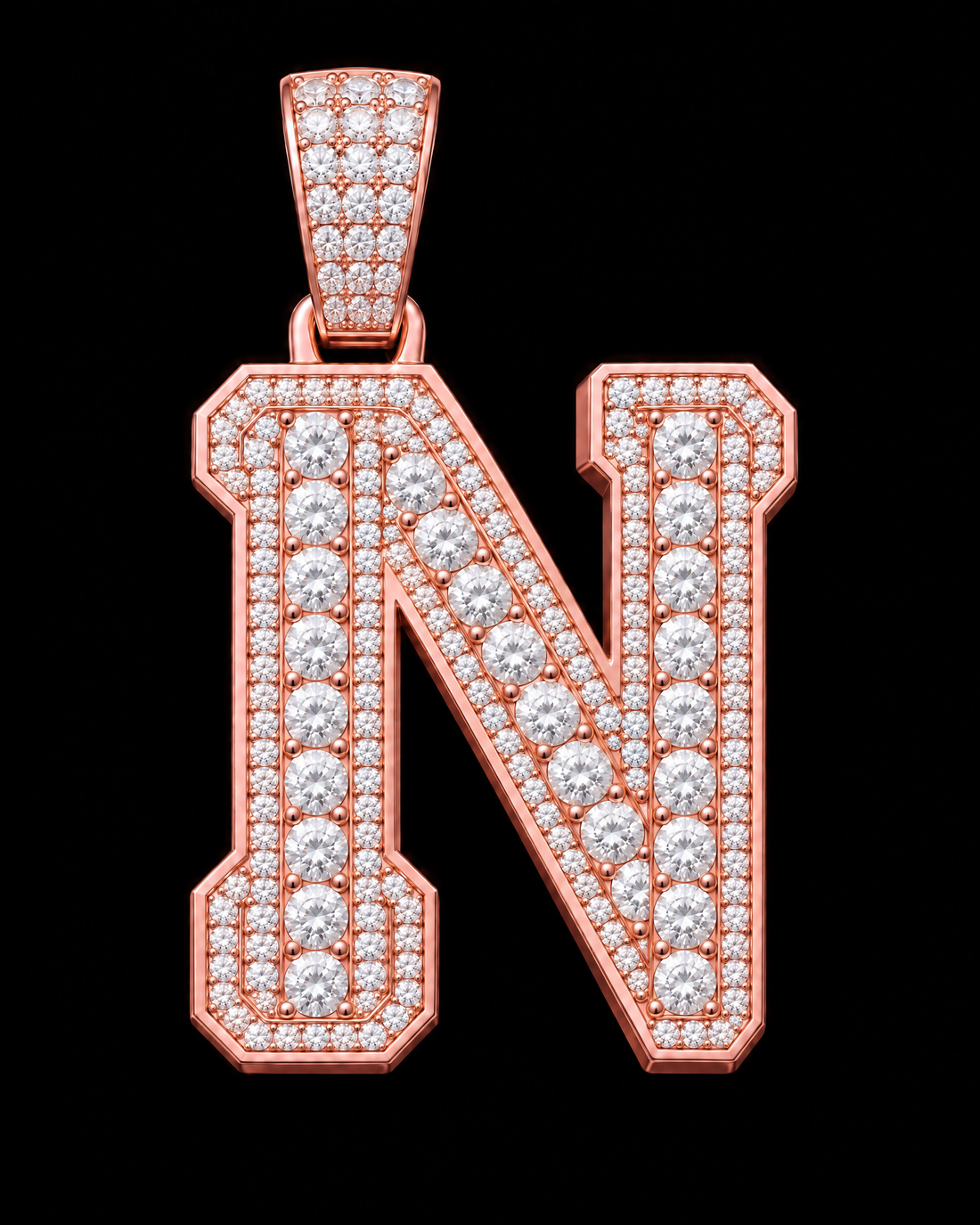 AI design render: letter N in rose gold with round brilliant lab-grown diamond centers, borders and bail.